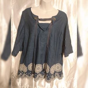 Tommy Hilfiger Chambray Embroidred  Scalloped Lace up V- Neck Shirt L